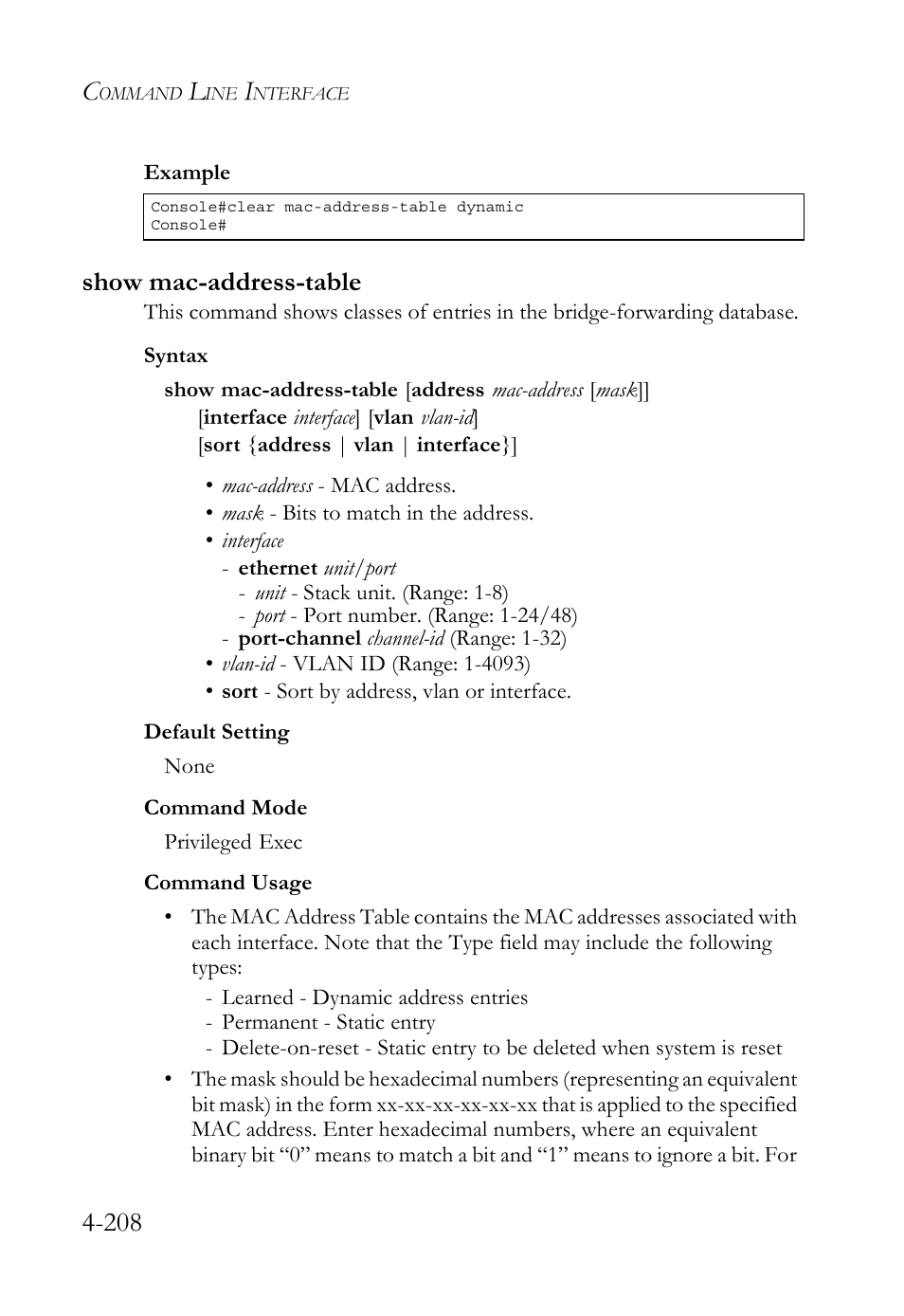 Show mac-address-table, Show mac-address-table -208, Show mac-address-table (4-208) | SMC Networks SMC TigerStack 1000 SMC8748M User Manual | Page 480 / 592
