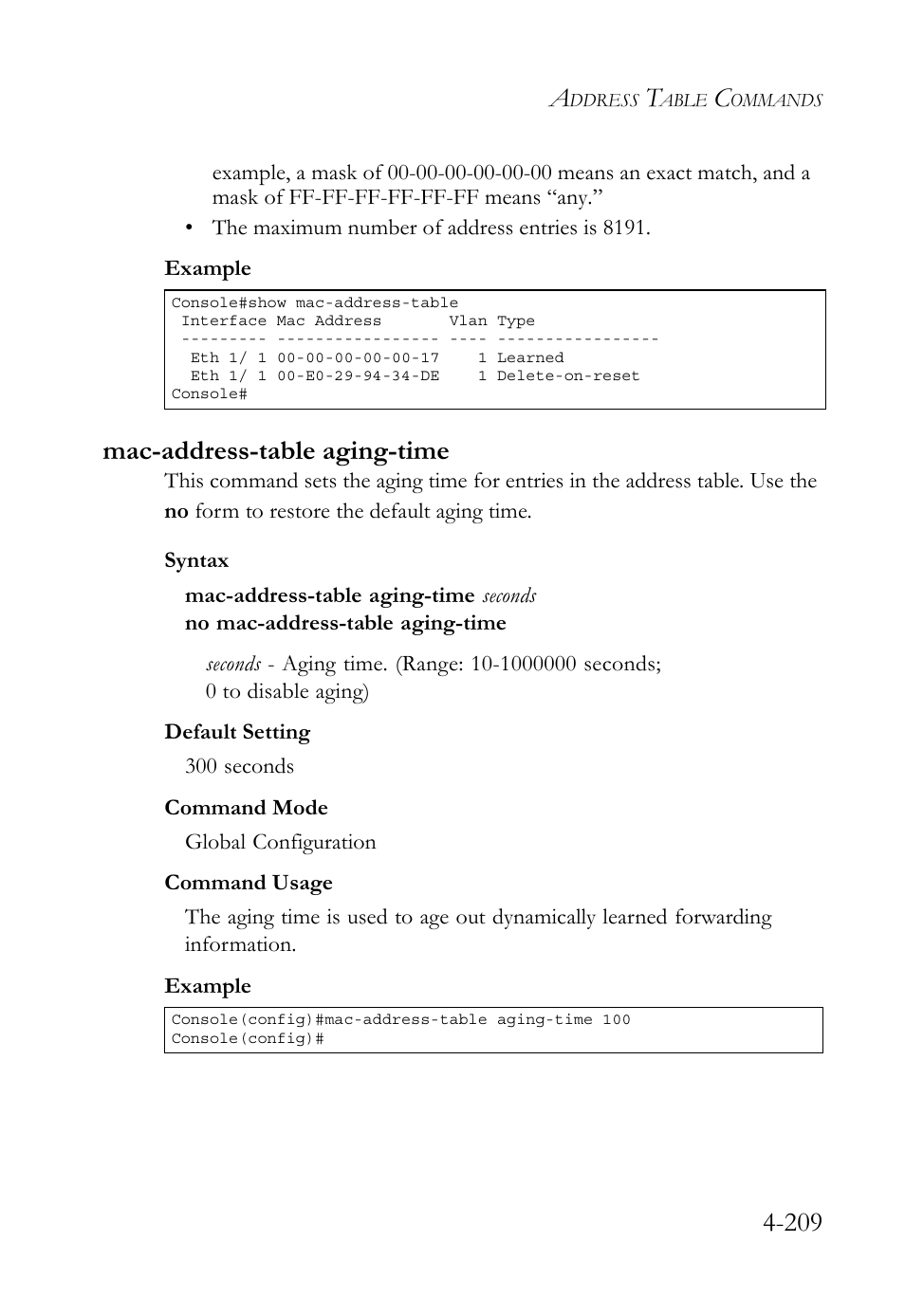 Mac-address-table aging-time, Mac-address-table aging-time -209 | SMC Networks SMC TigerStack 1000 SMC8748M User Manual | Page 481 / 592