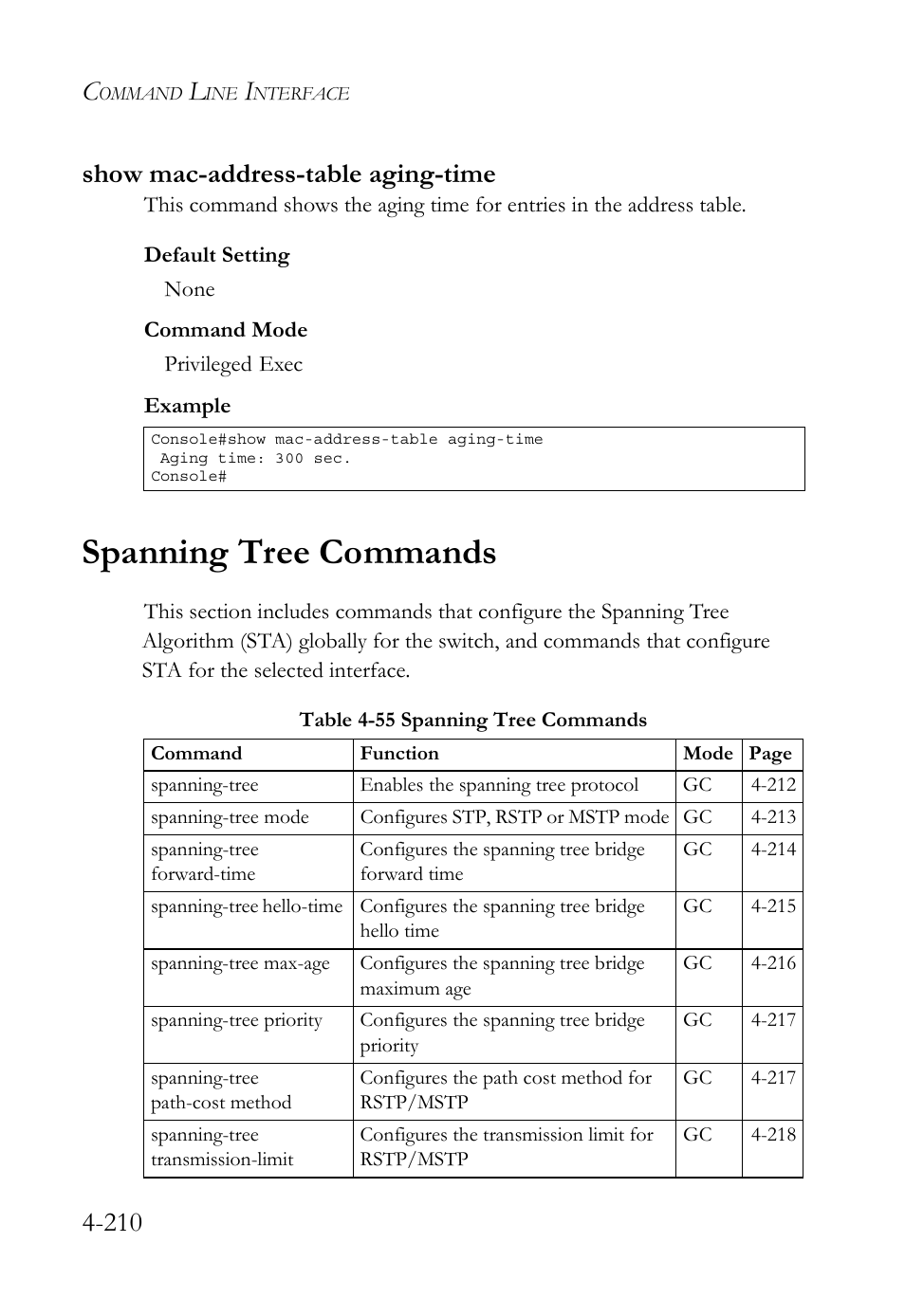Show mac-address-table aging-time, Spanning tree commands, Show mac-address-table aging-time -210 | Spanning tree commands -210, Table 4-55 spanning tree commands -210, 210 show mac-address-table aging-time | SMC Networks SMC TigerStack 1000 SMC8748M User Manual | Page 482 / 592