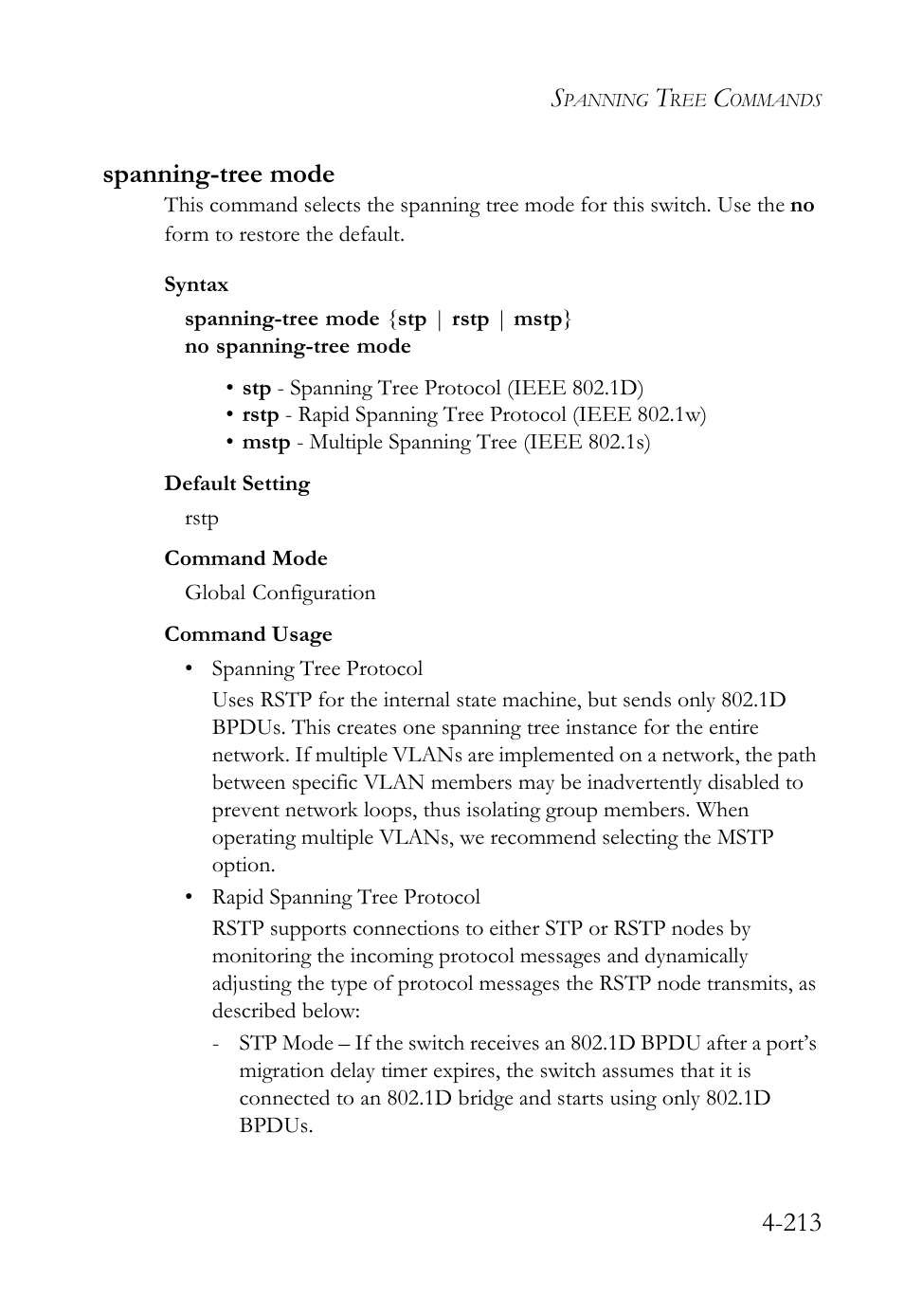 Spanning-tree mode, Spanning-tree mode -213, 213 spanning-tree mode | SMC Networks SMC TigerStack 1000 SMC8748M User Manual | Page 485 / 592