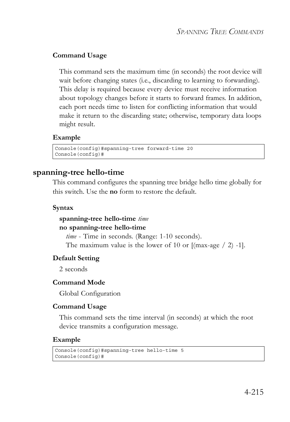 Spanning-tree hello-time, Spanning-tree hello-time -215 | SMC Networks SMC TigerStack 1000 SMC8748M User Manual | Page 487 / 592