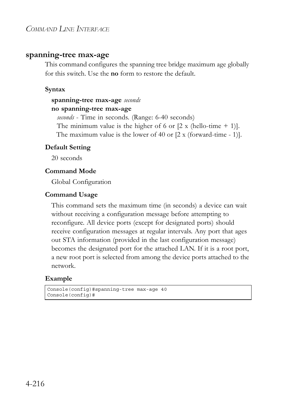 Spanning-tree max-age, Spanning-tree max-age -216, 216 spanning-tree max-age | SMC Networks SMC TigerStack 1000 SMC8748M User Manual | Page 488 / 592
