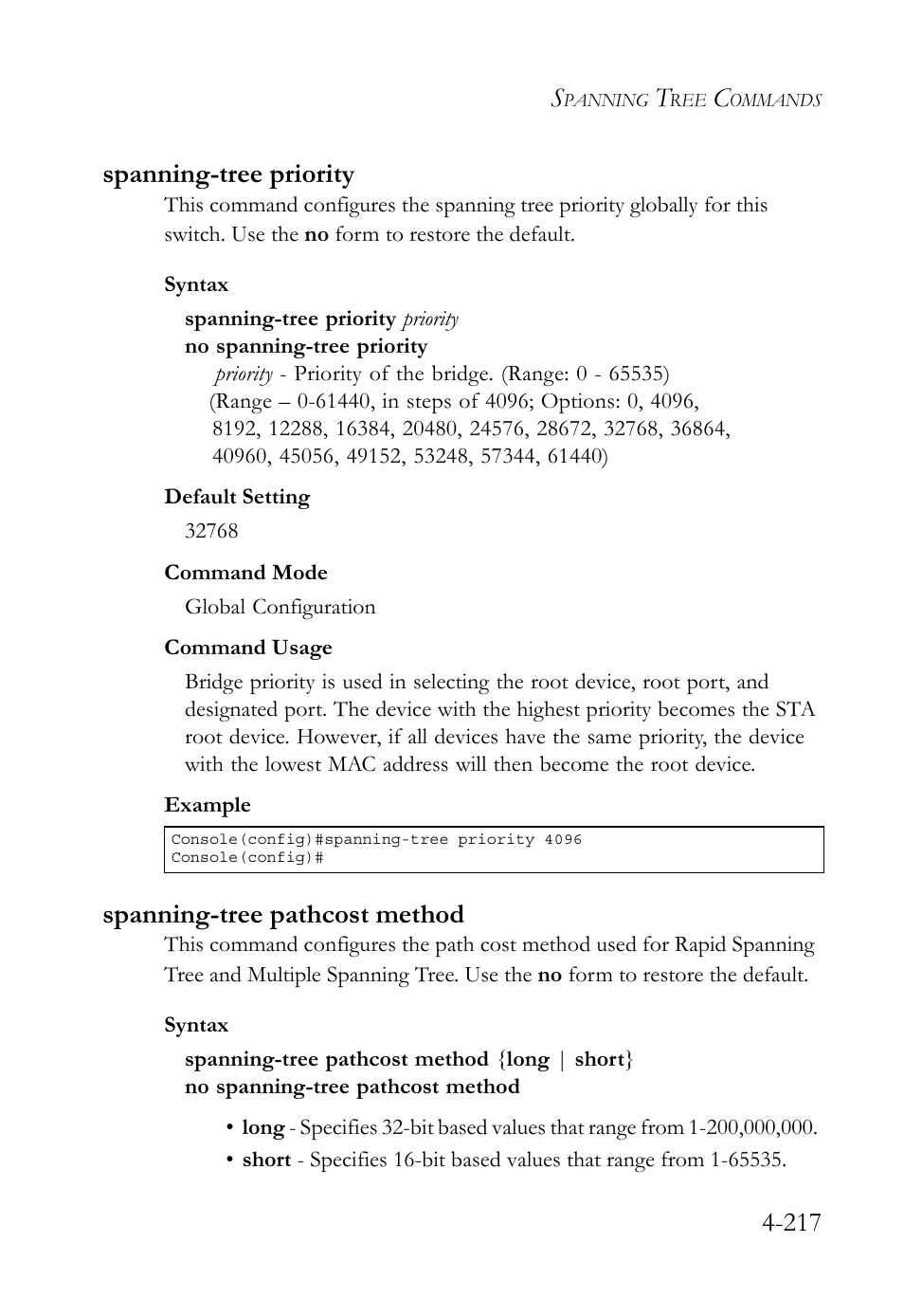 Spanning-tree priority, Spanning-tree pathcost method, 217 spanning-tree priority | SMC Networks SMC TigerStack 1000 SMC8748M User Manual | Page 489 / 592