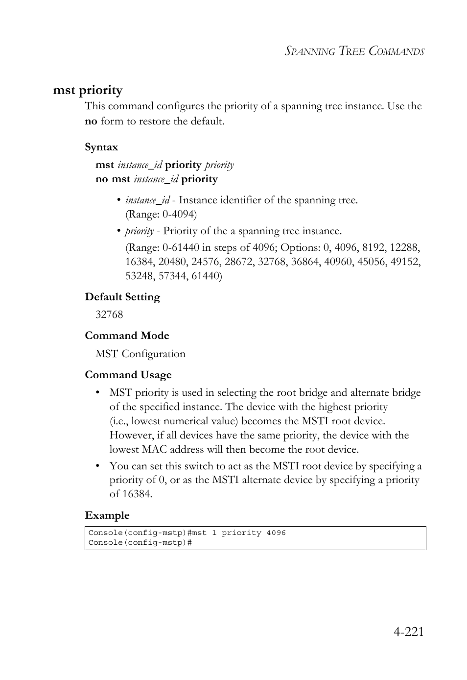Mst priority, Mst priority -221, Mst priority (4 -221) | 221 mst priority | SMC Networks SMC TigerStack 1000 SMC8748M User Manual | Page 493 / 592