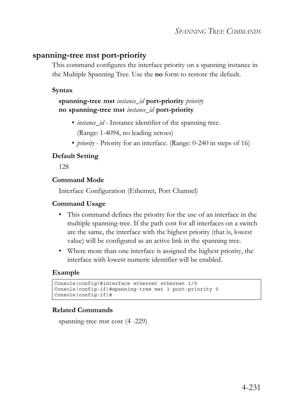 Spanning-tree mst port-priority, Spanning-tree mst port-priority -231, 231 spanning-tree mst port-priority | SMC Networks SMC TigerStack 1000 SMC8748M User Manual | Page 503 / 592