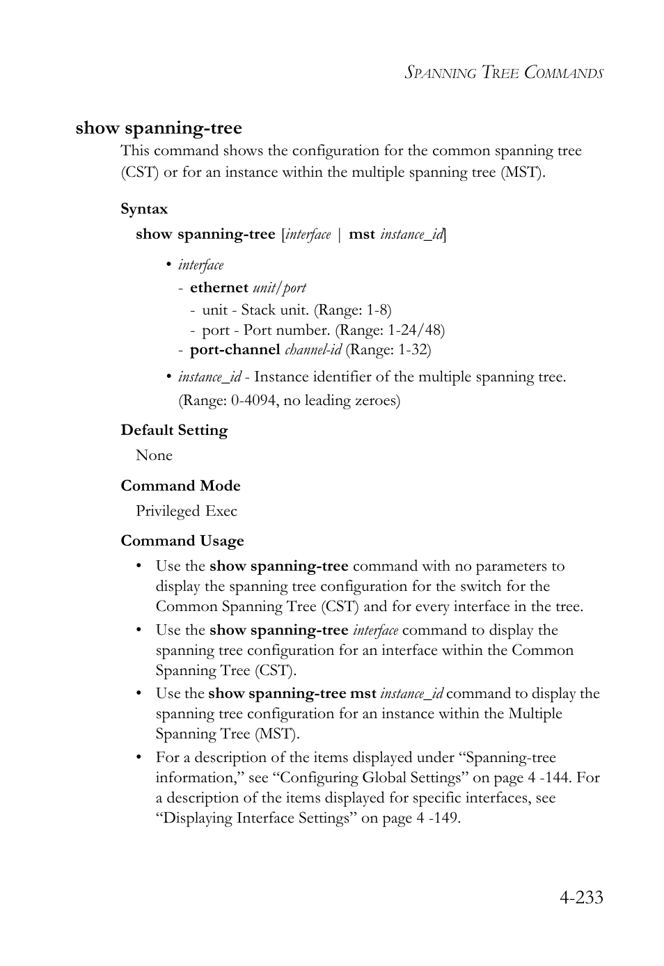 Show spanning-tree, Show spanning-tree -233, 233 show spanning-tree | SMC Networks SMC TigerStack 1000 SMC8748M User Manual | Page 505 / 592