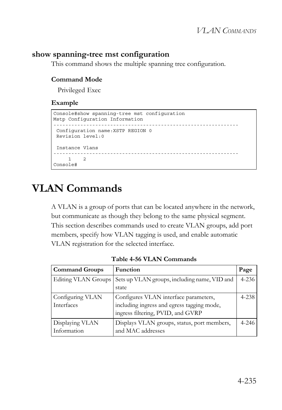Show spanning-tree mst configuration, Vlan commands, Show spanning-tree mst configuration -235 | Vlan commands -235, Table 4-56 vlan commands -235, Vlan c, 235 show spanning-tree mst configuration | SMC Networks SMC TigerStack 1000 SMC8748M User Manual | Page 507 / 592