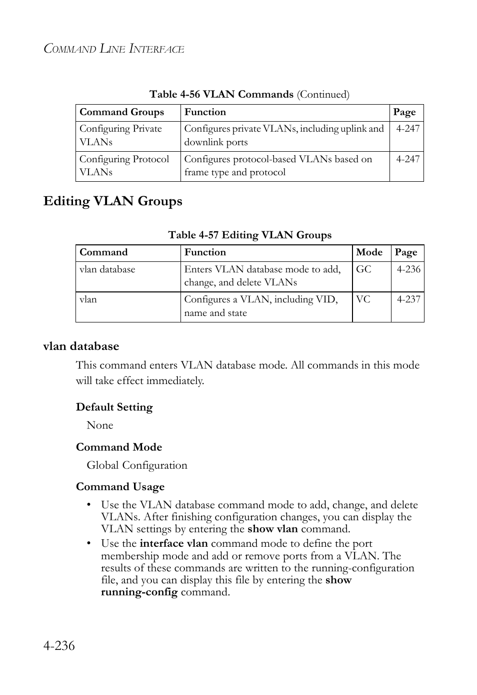 Editing vlan groups, Vlan database, Editing vlan groups -236 | Vlan database -236, Table 4-57 editing vlan groups -236, 236 editing vlan groups | SMC Networks SMC TigerStack 1000 SMC8748M User Manual | Page 508 / 592