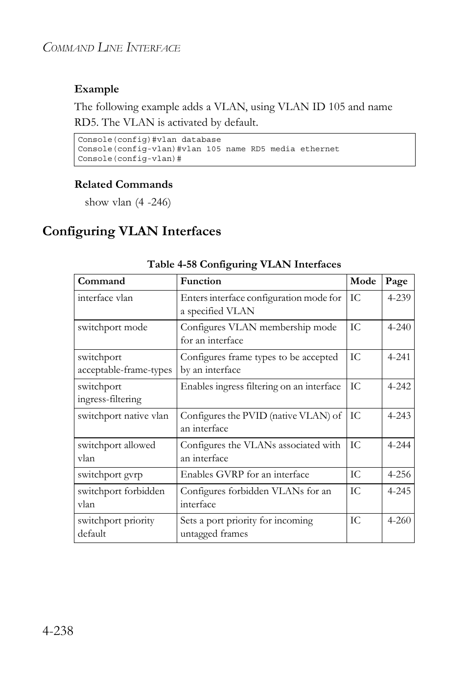 Configuring vlan interfaces, Configuring vlan interfaces -238, Table 4-58 configuring vlan interfaces -238 | SMC Networks SMC TigerStack 1000 SMC8748M User Manual | Page 510 / 592