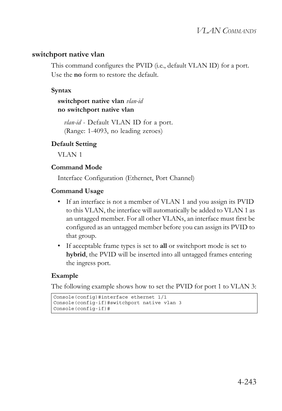 Switchport native vlan, Switchport native vlan -243, Age 4-243) | Vlan c | SMC Networks SMC TigerStack 1000 SMC8748M User Manual | Page 515 / 592