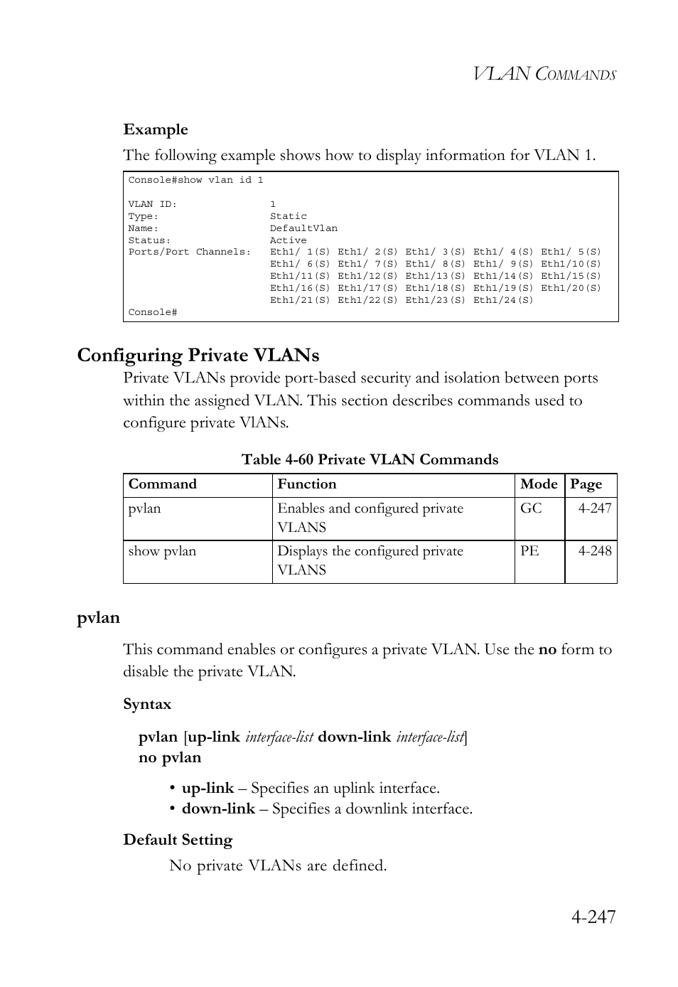 Configuring private vlans, Pvlan, Configuring private vlans -247 | Pvlan -247, Table 4-60 private vlan commands -247, Vlan c | SMC Networks SMC TigerStack 1000 SMC8748M User Manual | Page 519 / 592