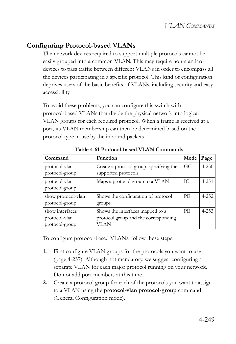 Configuring protocol-based vlans, Configuring protocol-based vlans -249, Table 4-61 protocol-based vlan commands -249 | Vlan c, 249 configuring protocol-based vlans | SMC Networks SMC TigerStack 1000 SMC8748M User Manual | Page 521 / 592