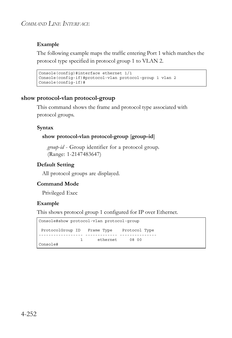 Show protocol-vlan protocol-group, Show protocol-vlan protocol-group -252 | SMC Networks SMC TigerStack 1000 SMC8748M User Manual | Page 524 / 592