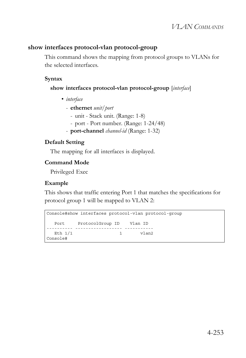 Show interfaces protocol-vlan protocol-group, Show interfaces protocol-vlan protocol-group -253, Vlan c | SMC Networks SMC TigerStack 1000 SMC8748M User Manual | Page 525 / 592