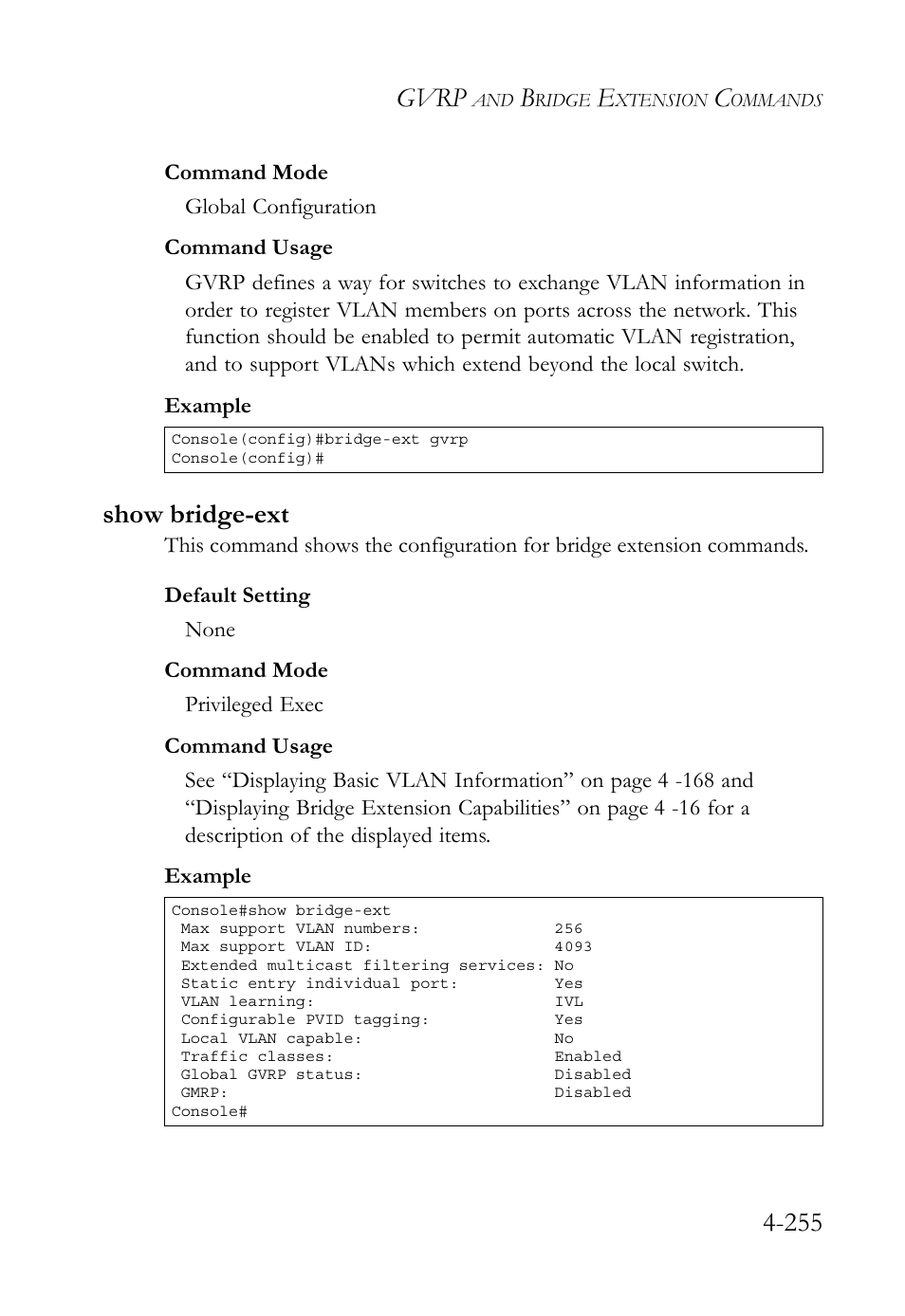 Show bridge-ext, Show bridge-ext -255, Gvrp | SMC Networks SMC TigerStack 1000 SMC8748M User Manual | Page 527 / 592