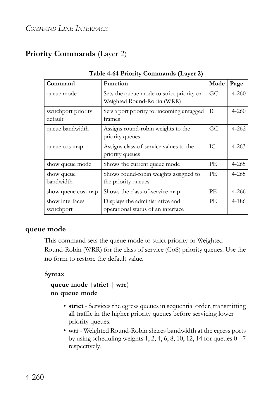 Priority commands (layer 2), Queue mode, Priority commands (layer 2) -260 | Queue mode -260, Table 4-64 priority commands (layer 2) -260, 260 priority commands (layer 2) | SMC Networks SMC TigerStack 1000 SMC8748M User Manual | Page 532 / 592