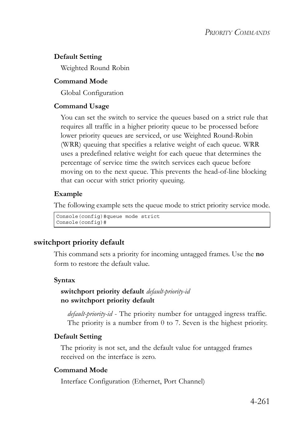 Switchport priority default, Switchport priority default -261 | SMC Networks SMC TigerStack 1000 SMC8748M User Manual | Page 533 / 592