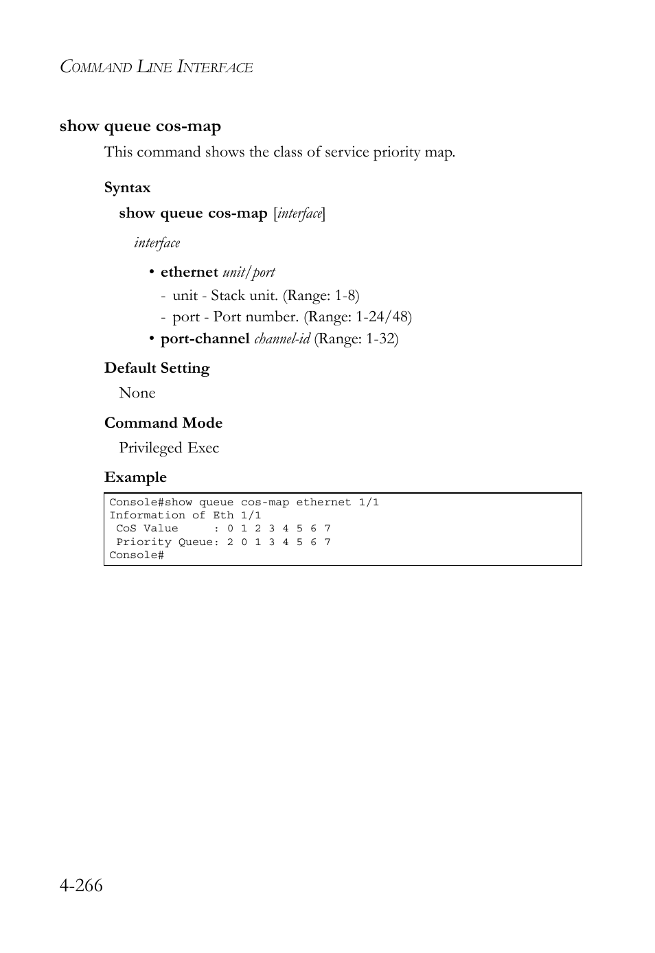Show queue cos-map, Show queue cos-map -266 | SMC Networks SMC TigerStack 1000 SMC8748M User Manual | Page 538 / 592