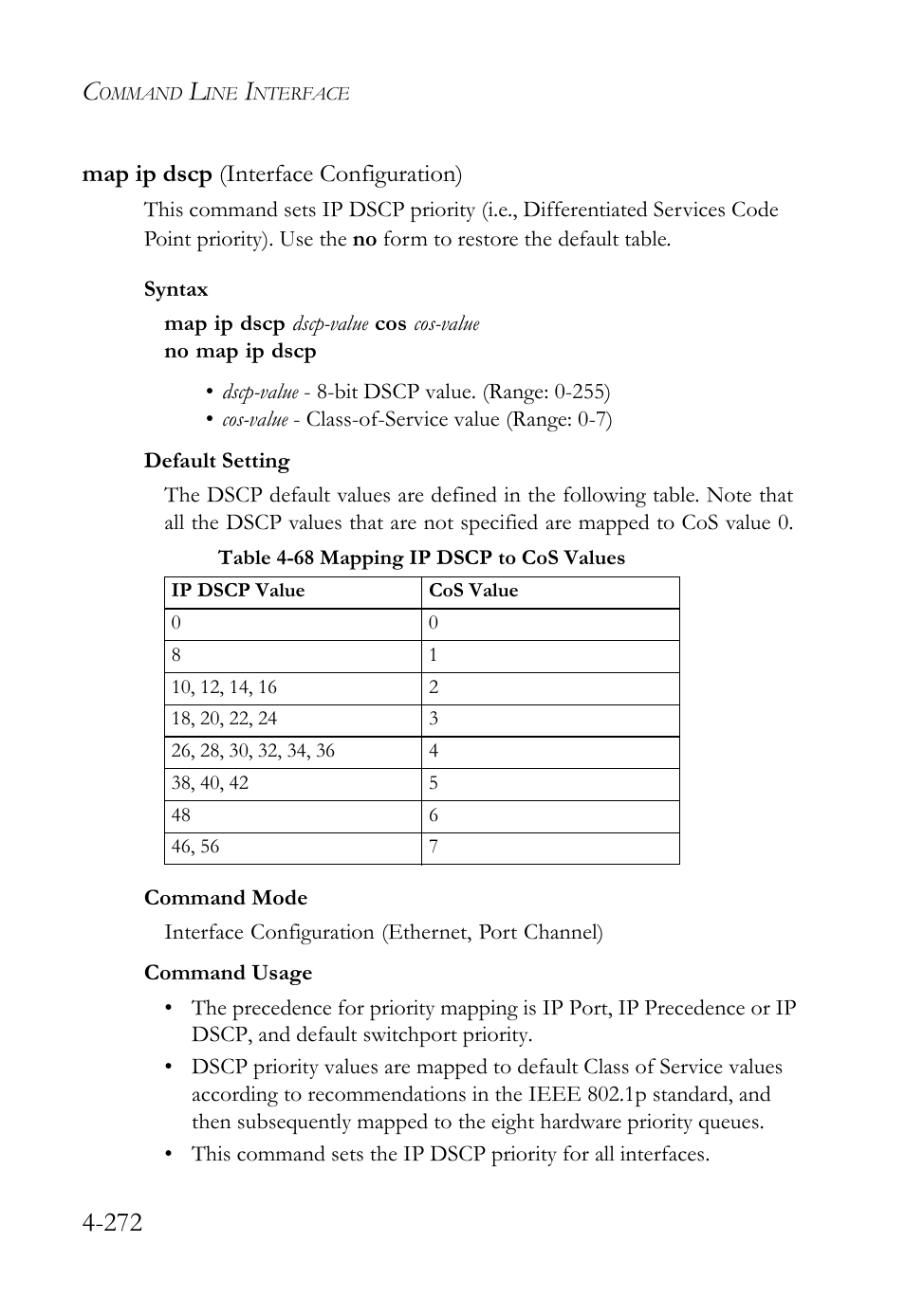 Map ip dscp (interface configuration), Map ip dscp (interface configuration) -272, Table 4-68 mapping ip dscp to cos values -272 | SMC Networks SMC TigerStack 1000 SMC8748M User Manual | Page 544 / 592