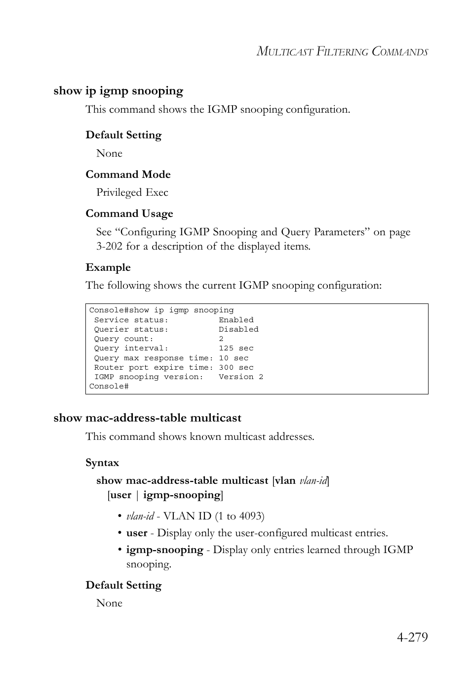 Show ip igmp snooping, Show mac-address-table multicast | SMC Networks SMC TigerStack 1000 SMC8748M User Manual | Page 551 / 592