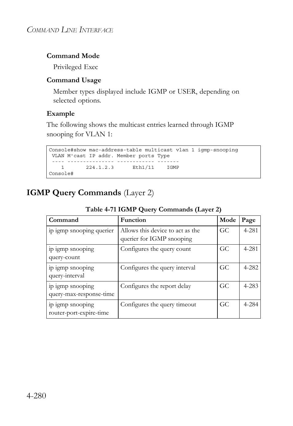 Igmp query commands (layer 2), Igmp query commands (layer 2) -280, Table 4-71 igmp query commands (layer 2) -280 | SMC Networks SMC TigerStack 1000 SMC8748M User Manual | Page 552 / 592
