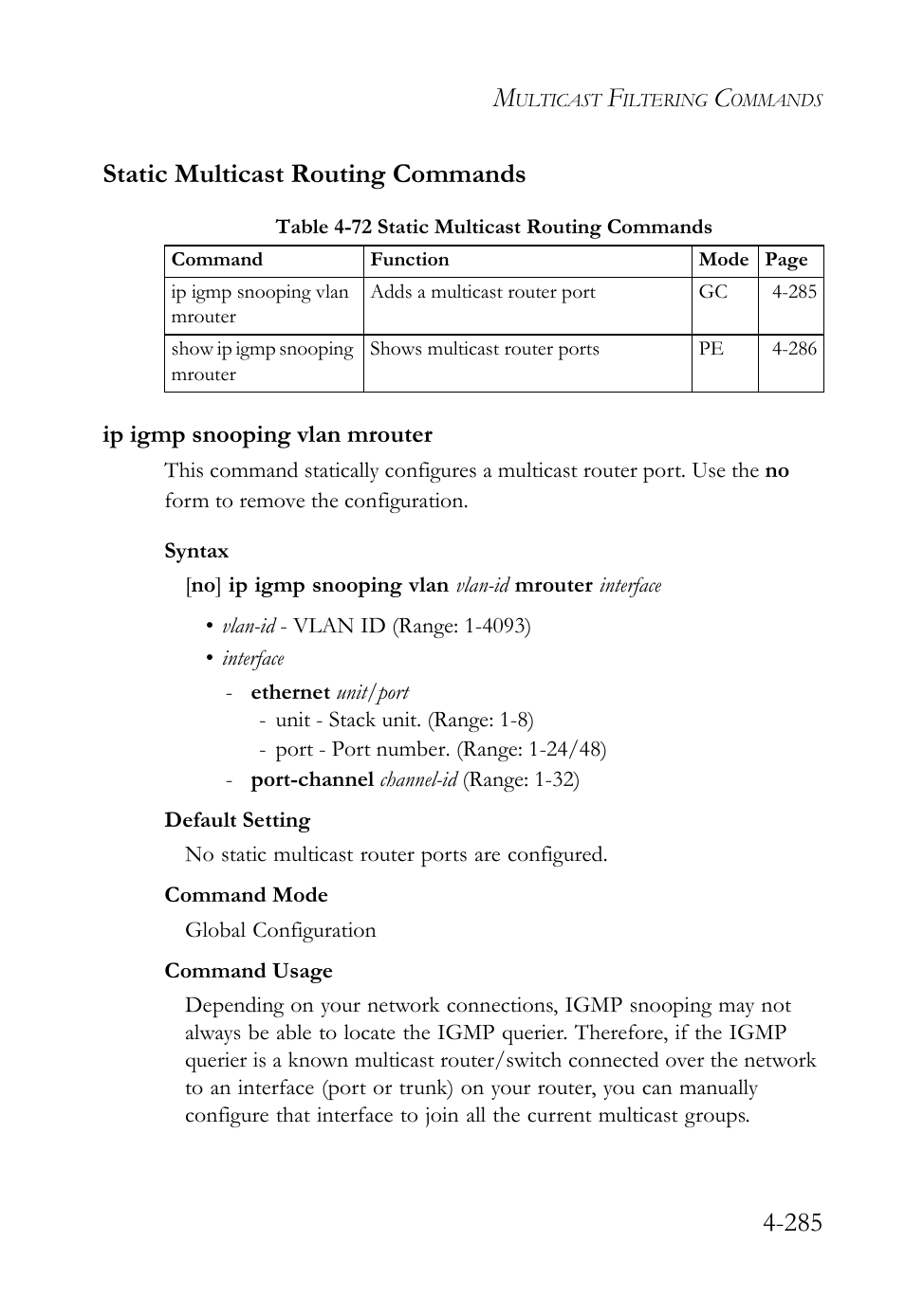 Static multicast routing commands, Ip igmp snooping vlan mrouter, Static multicast routing commands -285 | Ip igmp snooping vlan mrouter -285, Table 4-72 static multicast routing commands -285, 285 static multicast routing commands | SMC Networks SMC TigerStack 1000 SMC8748M User Manual | Page 557 / 592