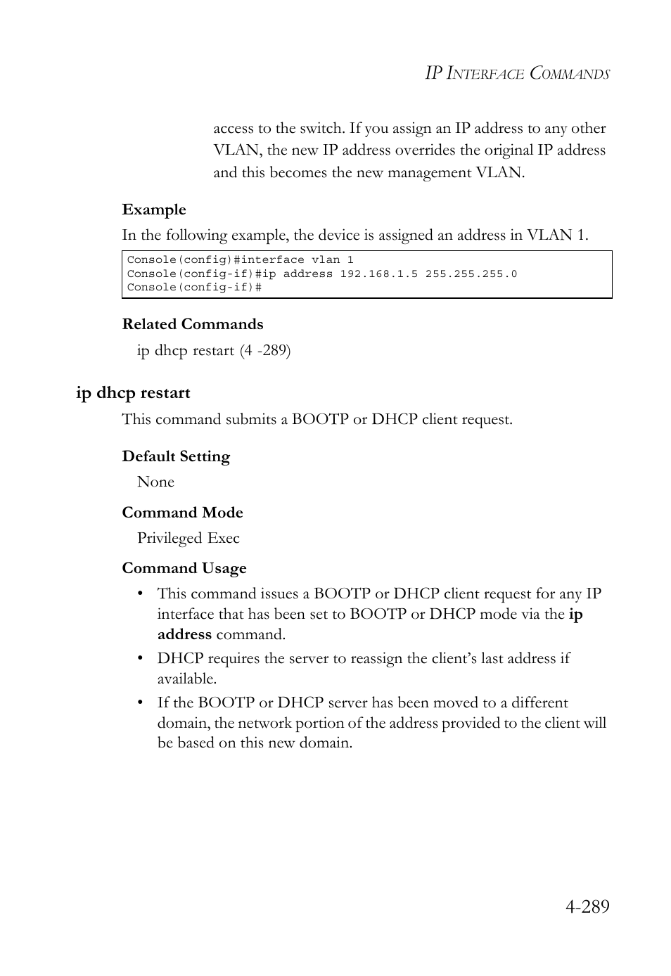 Ip dhcp restart, Ip dhcp restart -289, Ip i | SMC Networks SMC TigerStack 1000 SMC8748M User Manual | Page 561 / 592