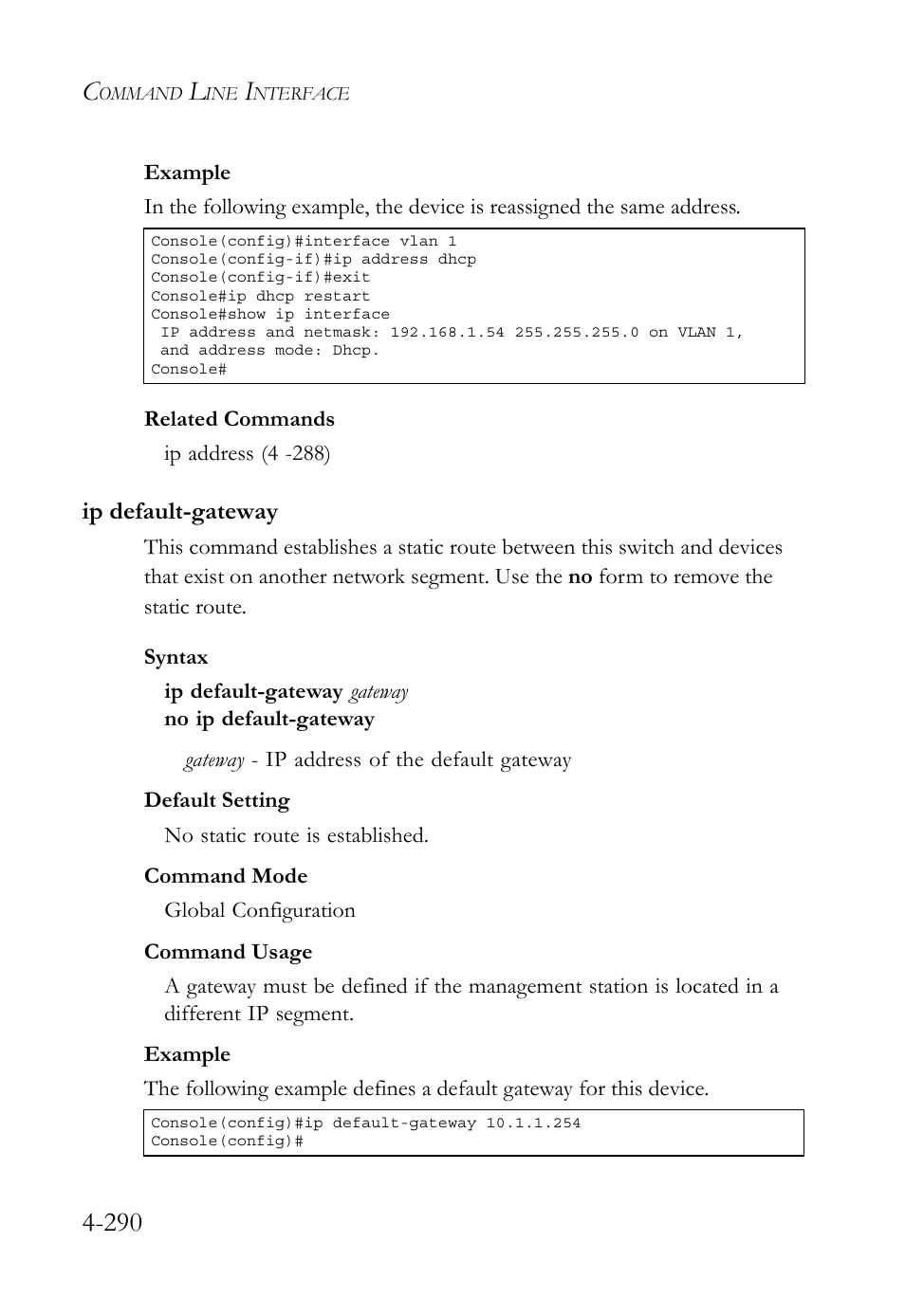 Ip default-gateway, Ip default-gateway -290 | SMC Networks SMC TigerStack 1000 SMC8748M User Manual | Page 562 / 592