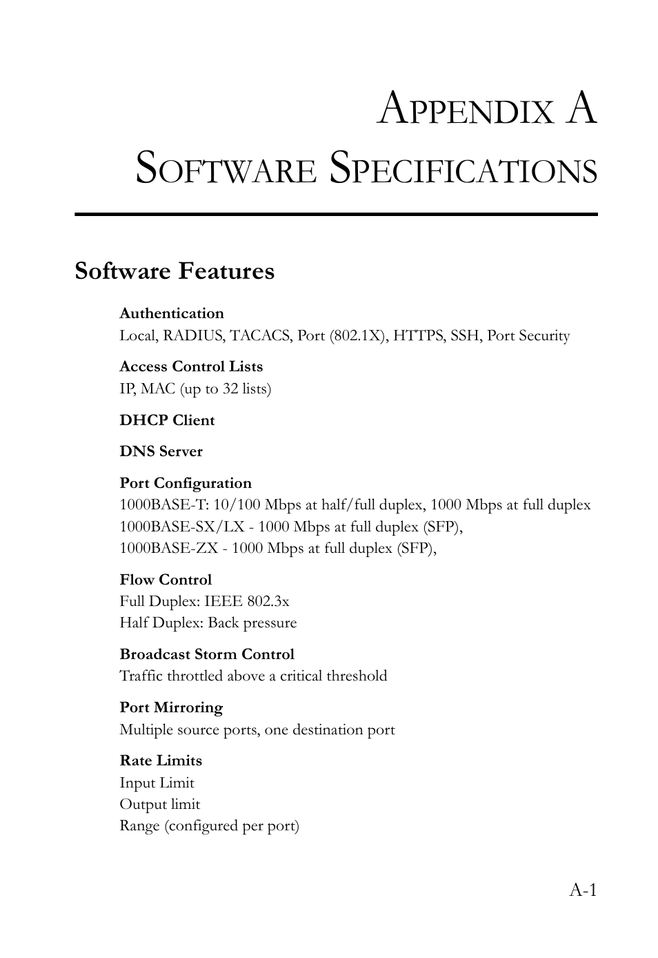 Appendix a software specifications, Software features, Ppendix | Oftware, Pecifications | SMC Networks SMC TigerStack 1000 SMC8748M User Manual | Page 567 / 592