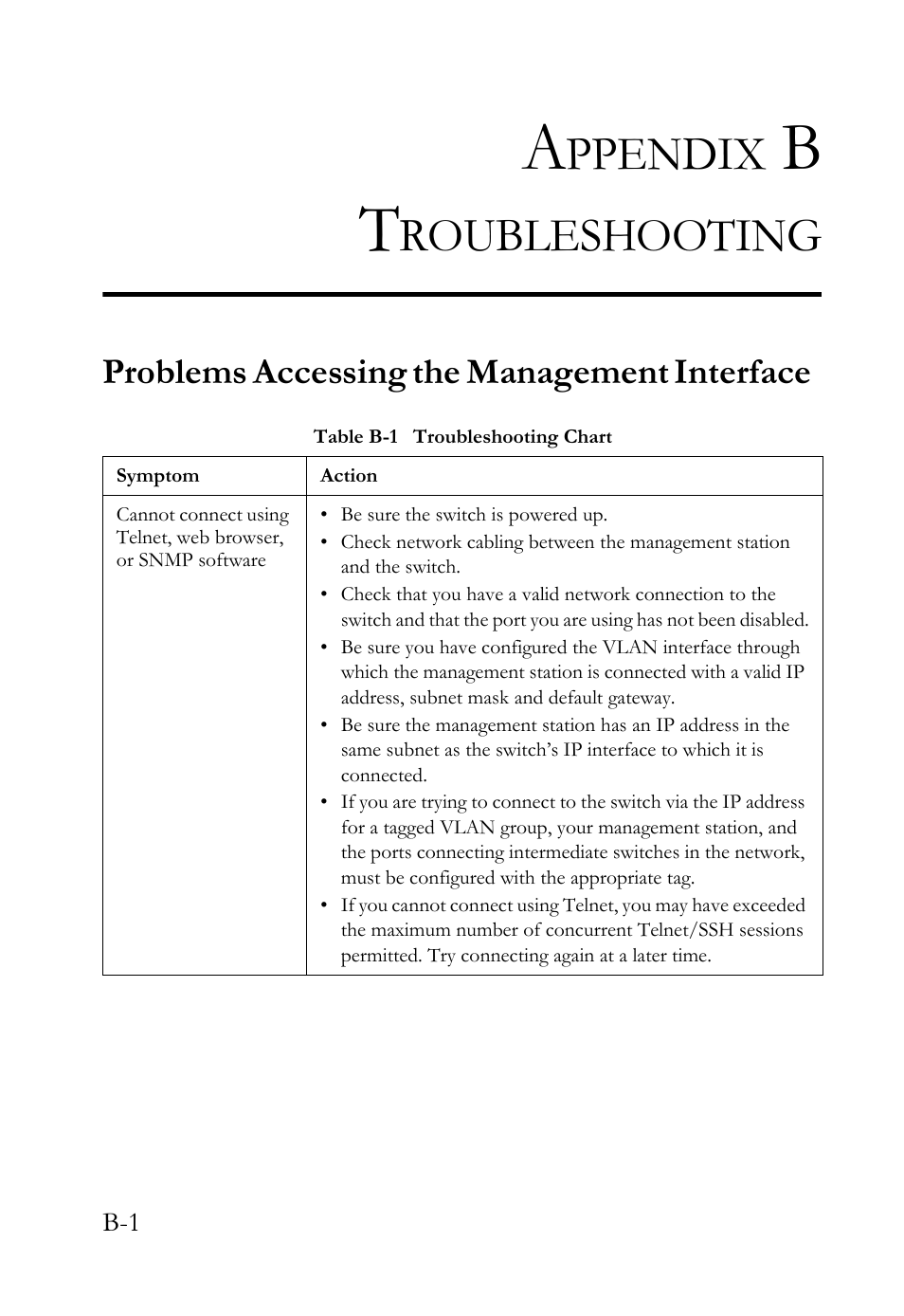 Appendix b troubleshooting, Problems accessing the management interface, Table b-1 | Ppendix, Roubleshooting | SMC Networks SMC TigerStack 1000 SMC8748M User Manual | Page 573 / 592