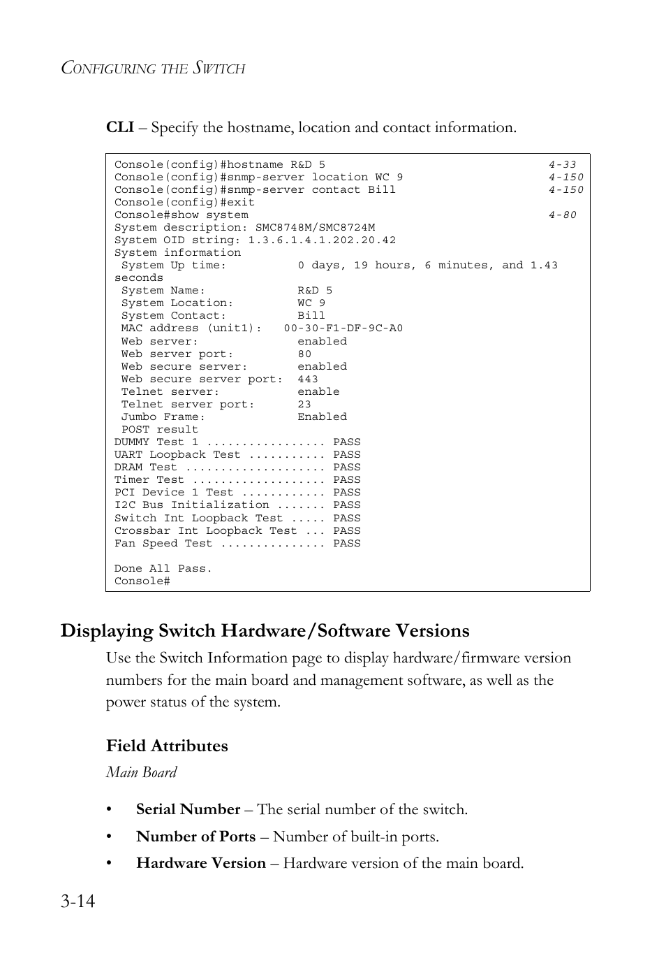 Displaying switch hardware/software versions, Displaying switch hardware/software versions -14, Field attributes | SMC Networks SMC TigerStack 1000 SMC8748M User Manual | Page 70 / 592