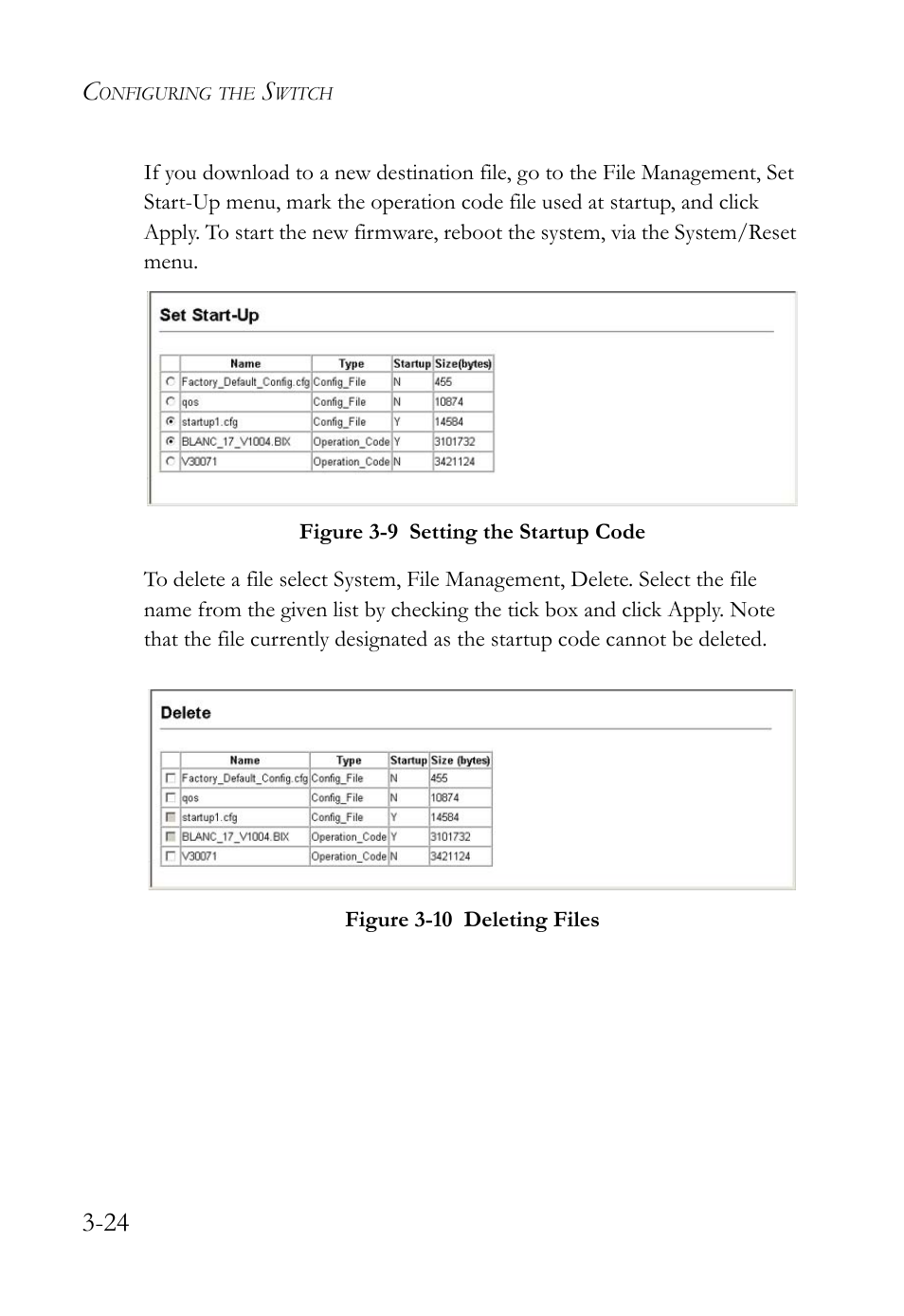 Figure 3-9, Setting the startup code -24, Figure 3-10 deleting files -24 | SMC Networks SMC TigerStack 1000 SMC8748M User Manual | Page 80 / 592