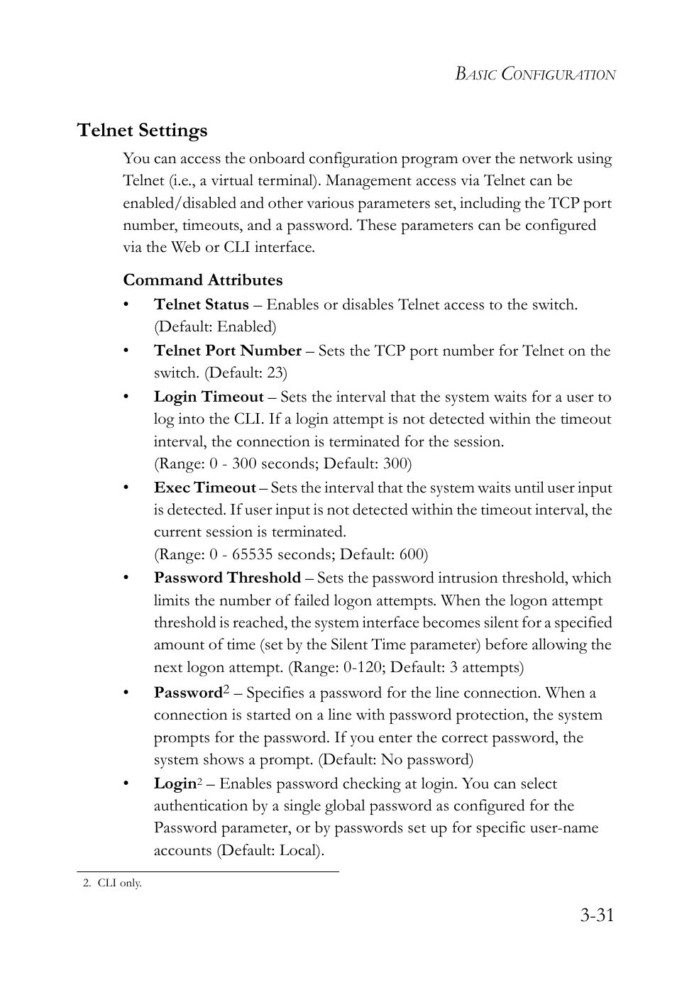 Telnet settings, Telnet settings -31, 31 telnet settings | SMC Networks SMC TigerStack 1000 SMC8748M User Manual | Page 87 / 592