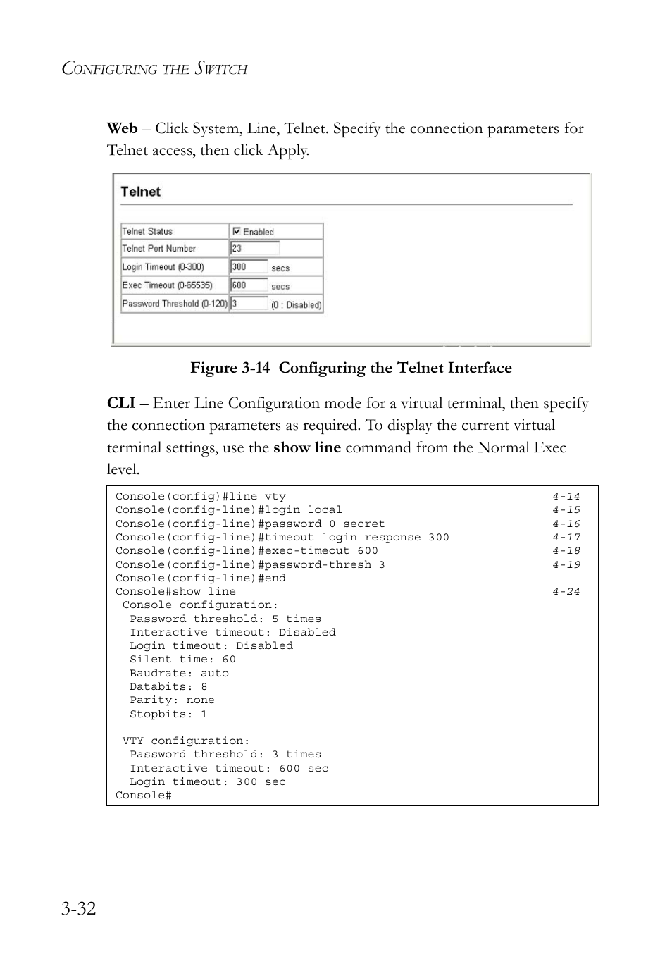 Figure 3-14 configuring the telnet interface -32 | SMC Networks SMC TigerStack 1000 SMC8748M User Manual | Page 88 / 592