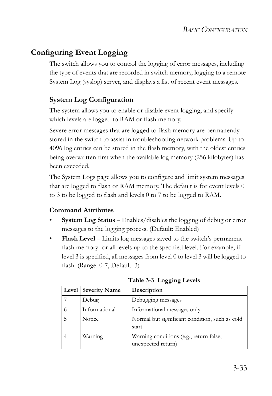 Configuring event logging, System log configuration, Configuring event logging -33 | System log configuration -33, Table 3-3, Logging levels -33, 33 configuring event logging | SMC Networks SMC TigerStack 1000 SMC8748M User Manual | Page 89 / 592
