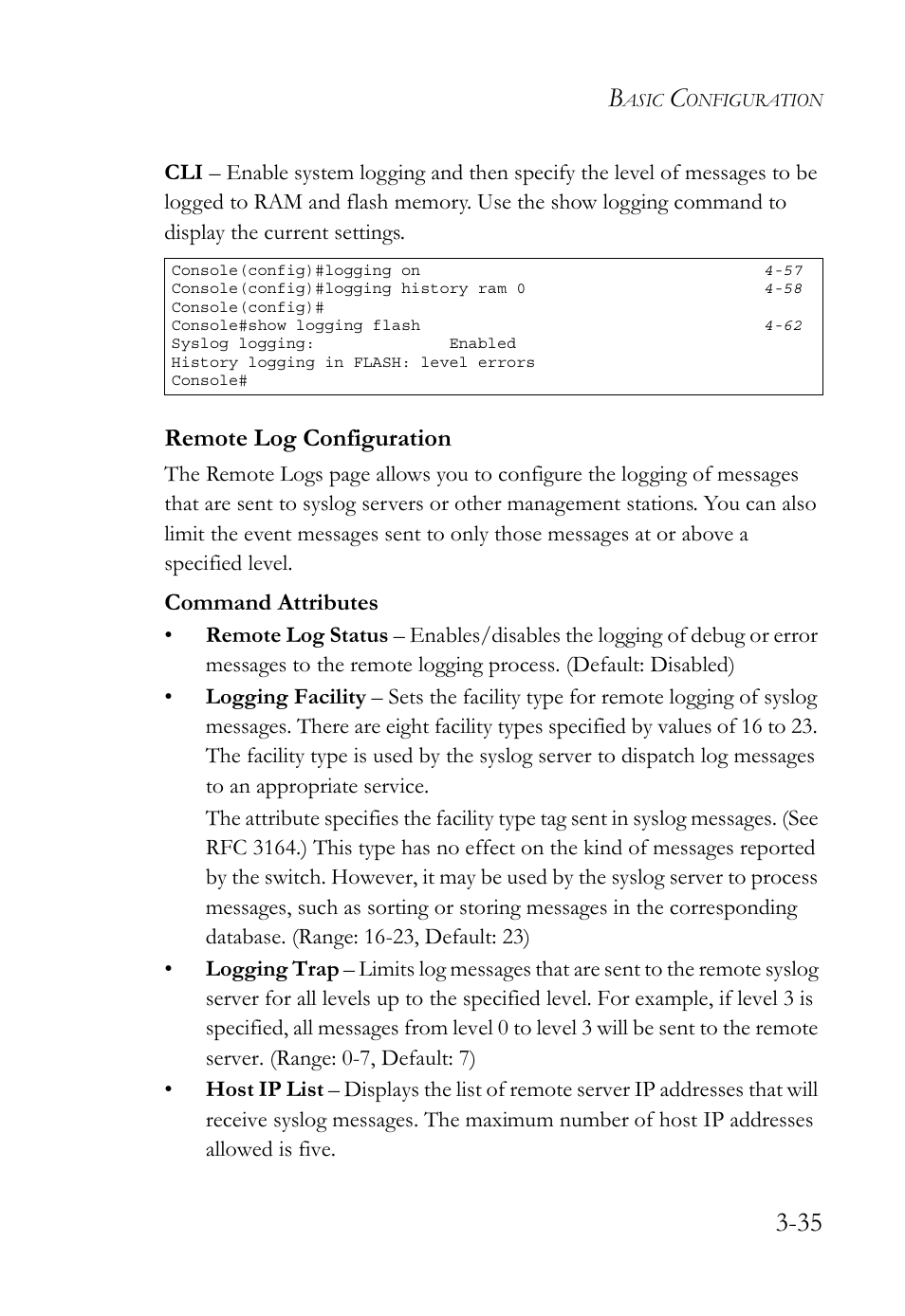 Remote log configuration, Remote log configuration -35, Command attributes | SMC Networks SMC TigerStack 1000 SMC8748M User Manual | Page 91 / 592