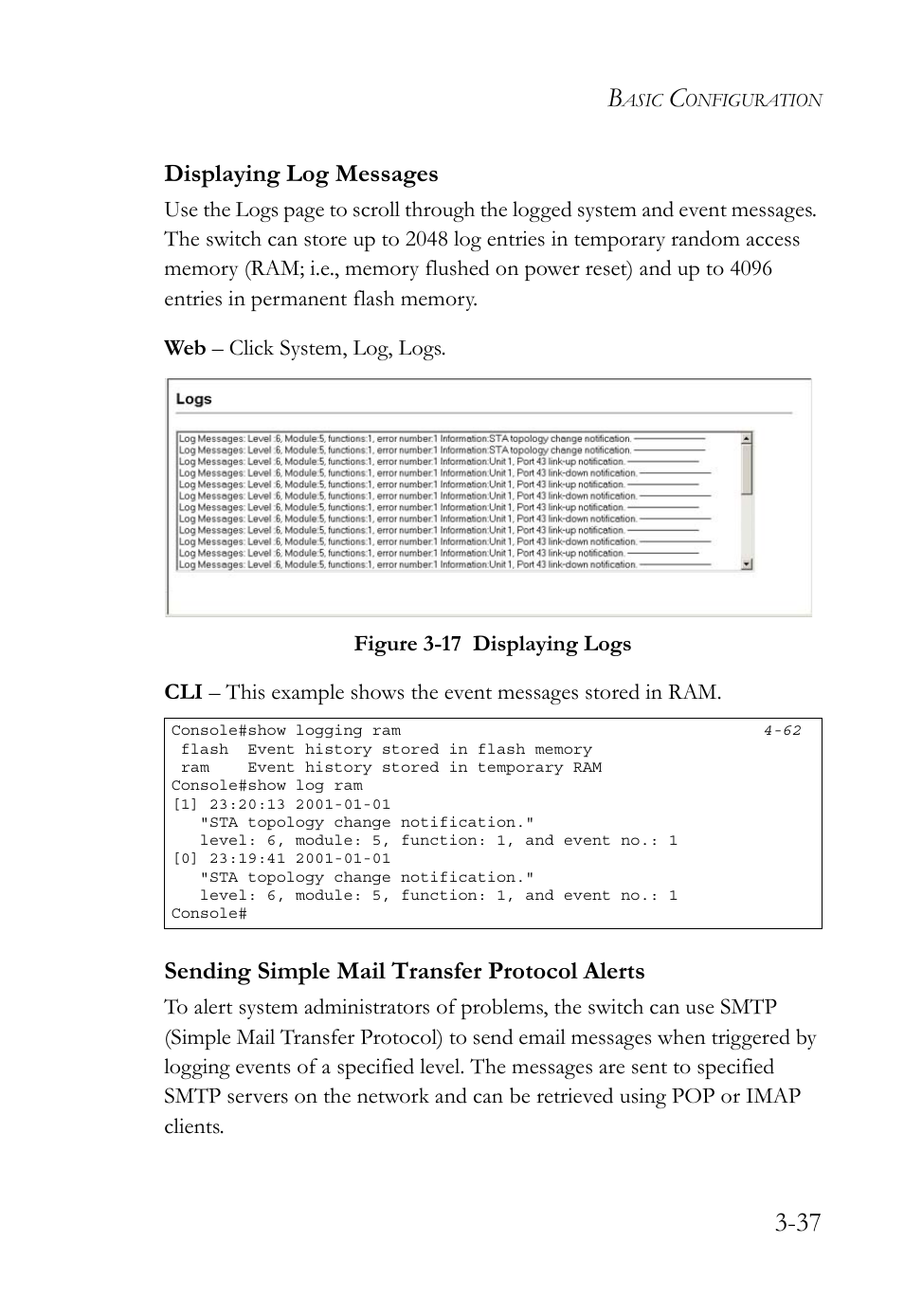 Displaying log messages, Sending simple mail transfer protocol alerts, Figure 3-17 displaying logs -37 | SMC Networks SMC TigerStack 1000 SMC8748M User Manual | Page 93 / 592
