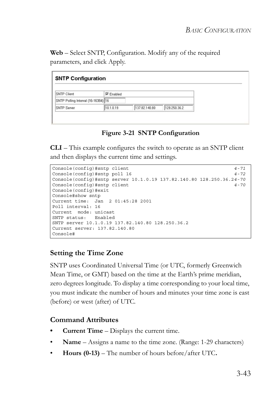 Setting the time zone, Setting the time zone -43, Figure 3-21 sntp configuration -43 | Command attributes | SMC Networks SMC TigerStack 1000 SMC8748M User Manual | Page 99 / 592