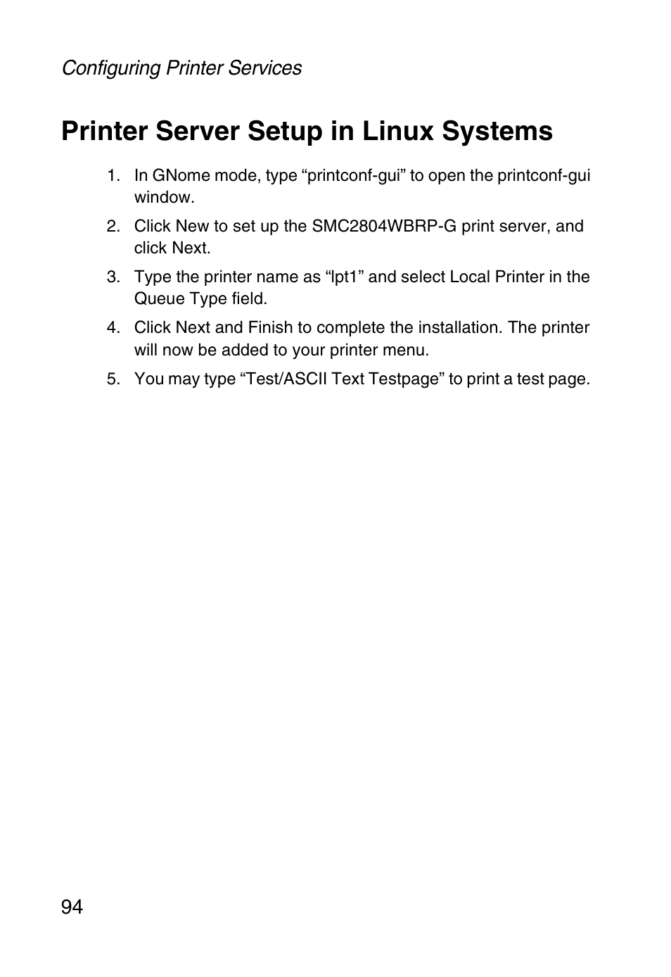 Printer server setup in linux systems | SMC Networks SMC Barricade g SMC2804WBR User Manual | Page 104 / 114