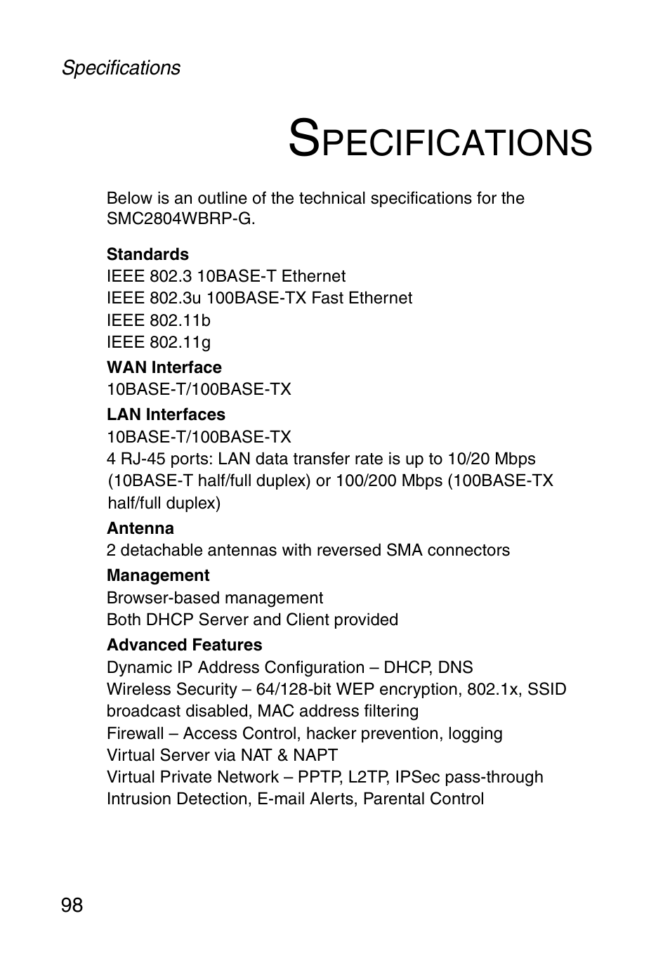 Specifications, Pecifications | SMC Networks SMC Barricade g SMC2804WBR User Manual | Page 108 / 114