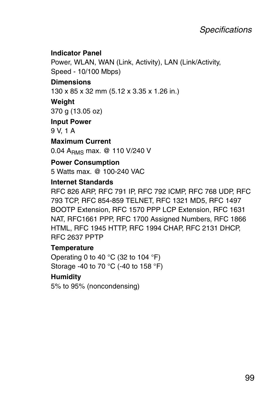 Specifications 99 | SMC Networks SMC Barricade g SMC2804WBR User Manual | Page 109 / 114