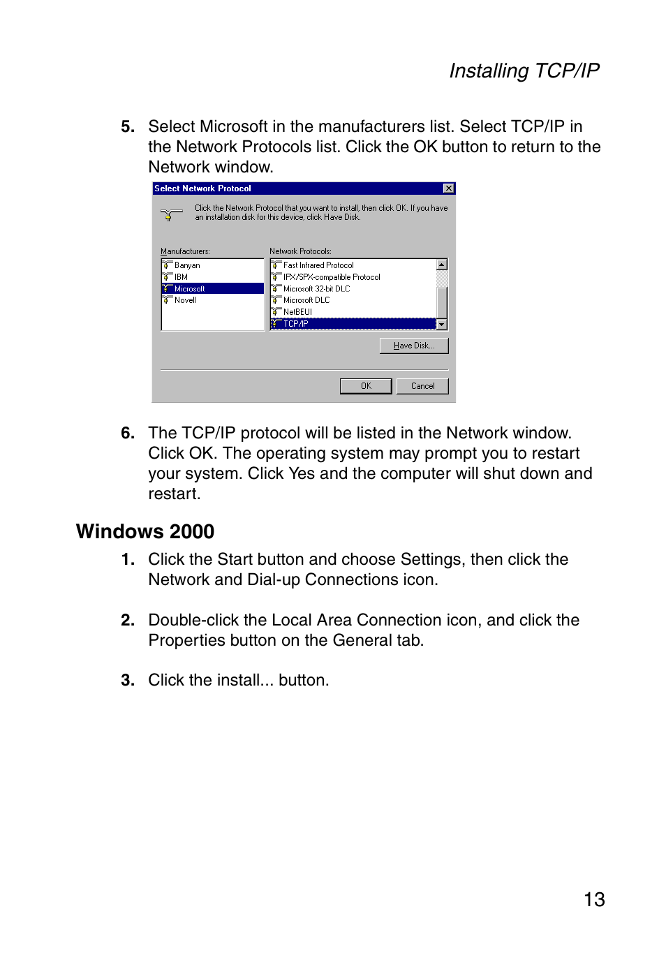 Windows 2000, Installing tcp/ip 13 | SMC Networks SMC Barricade g SMC2804WBR User Manual | Page 23 / 114