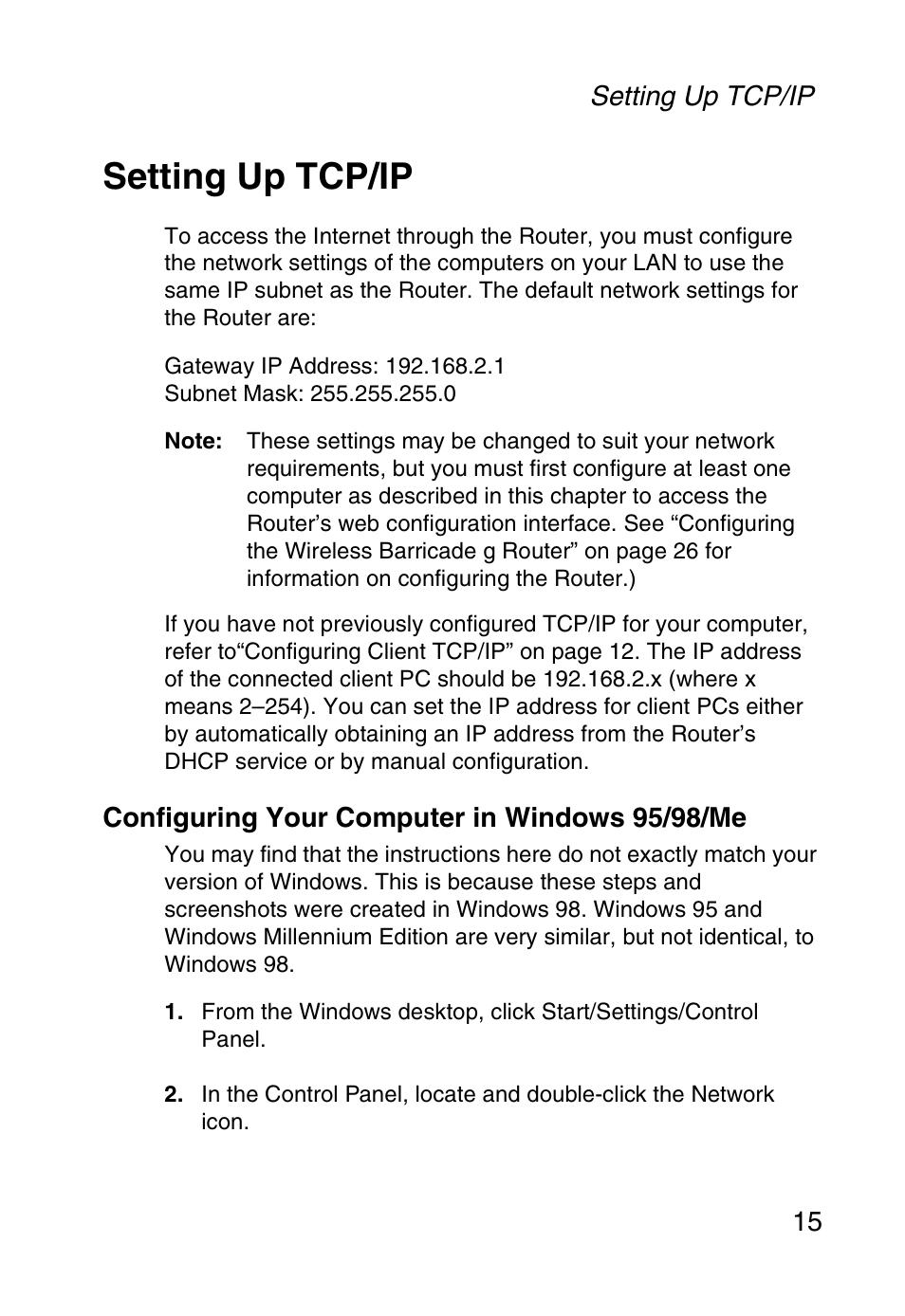 Setting up tcp/ip, Configuring your computer in windows 95/98/me | SMC Networks SMC Barricade g SMC2804WBR User Manual | Page 25 / 114