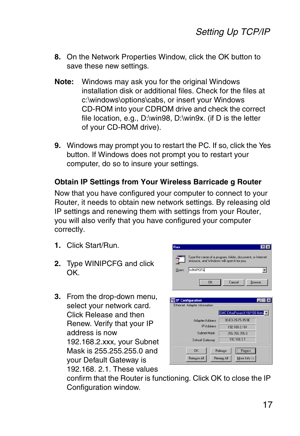 Setting up tcp/ip 17 | SMC Networks SMC Barricade g SMC2804WBR User Manual | Page 27 / 114