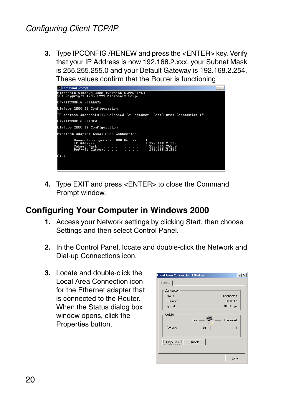 Configuring your computer in windows 2000, Configuring client tcp/ip 20 | SMC Networks SMC Barricade g SMC2804WBR User Manual | Page 30 / 114