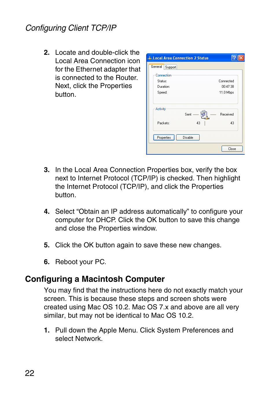 Configuring a macintosh computer, Configuring client tcp/ip 22 | SMC Networks SMC Barricade g SMC2804WBR User Manual | Page 32 / 114