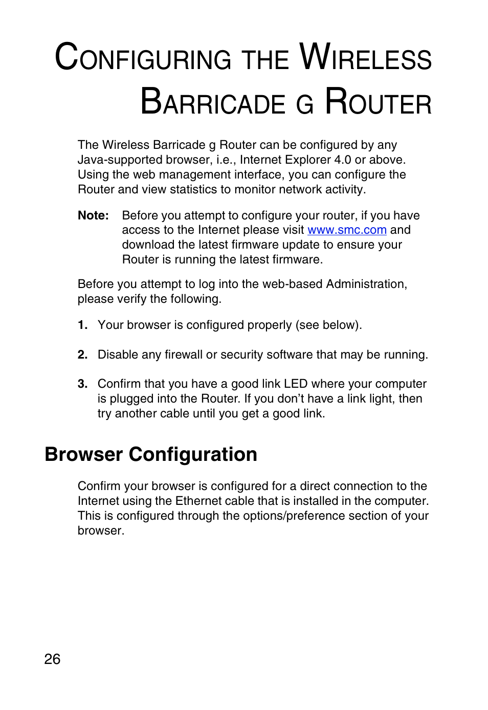 Configuring the wireless barricade g router, Browser configuration, Onfiguring | Ireless, Arricade, Outer | SMC Networks SMC Barricade g SMC2804WBR User Manual | Page 36 / 114