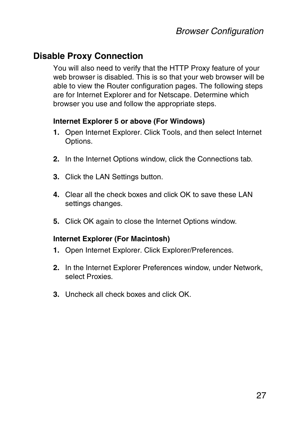 Disable proxy connection, Browser configuration 27 disable proxy connection | SMC Networks SMC Barricade g SMC2804WBR User Manual | Page 37 / 114