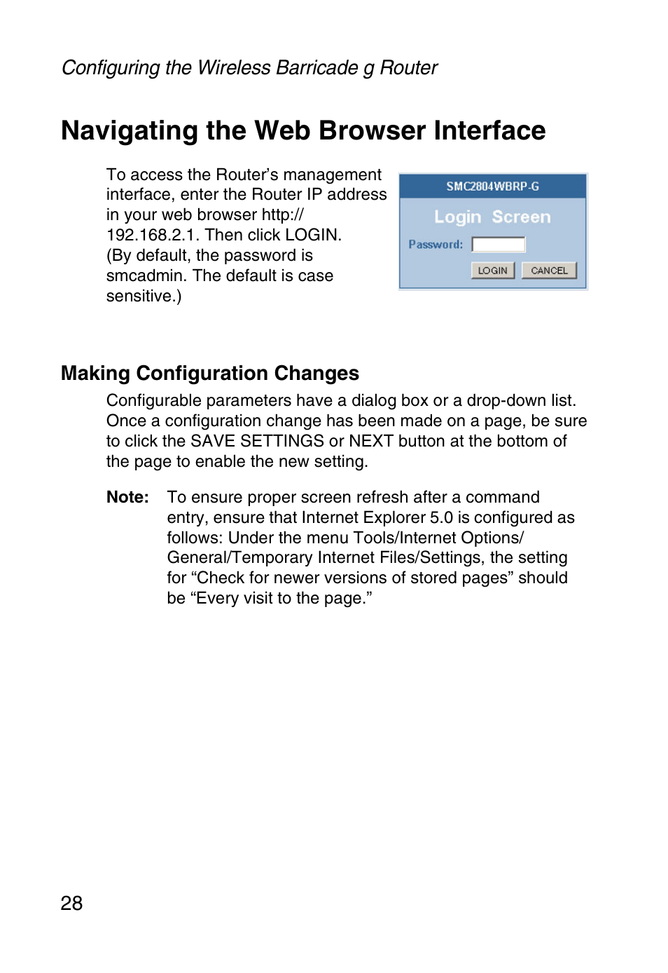 Navigating the web browser interface, Making configuration changes | SMC Networks SMC Barricade g SMC2804WBR User Manual | Page 38 / 114