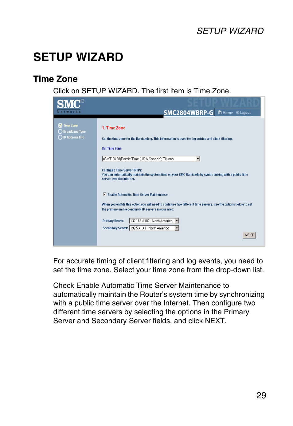 Setup wizard, Time zone | SMC Networks SMC Barricade g SMC2804WBR User Manual | Page 39 / 114